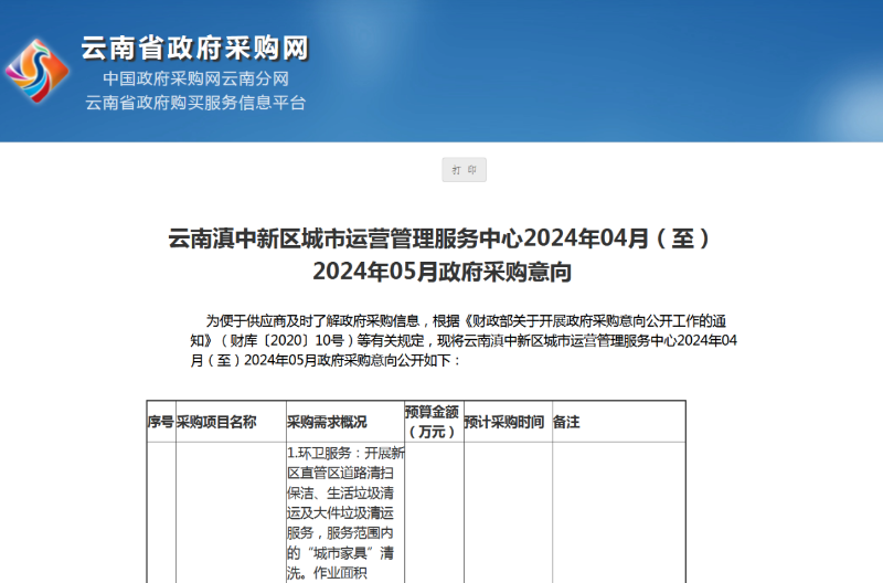 玉龍環保：云南滇中新區城市大管家項目計劃于2024年5月招標